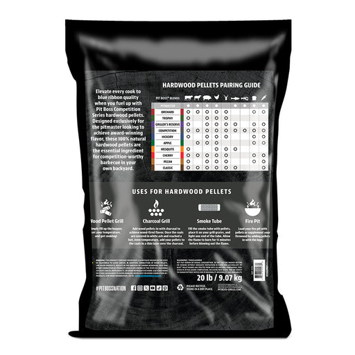 Black bag of Pit Boss Competition Series hardwood pellets, featuring pairing guide and uses for various grilling methods.