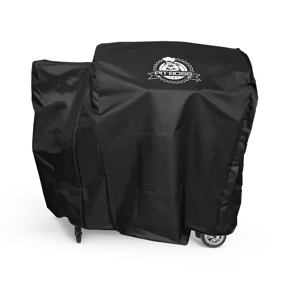 Black Pit Boss grill cover with brand logo.