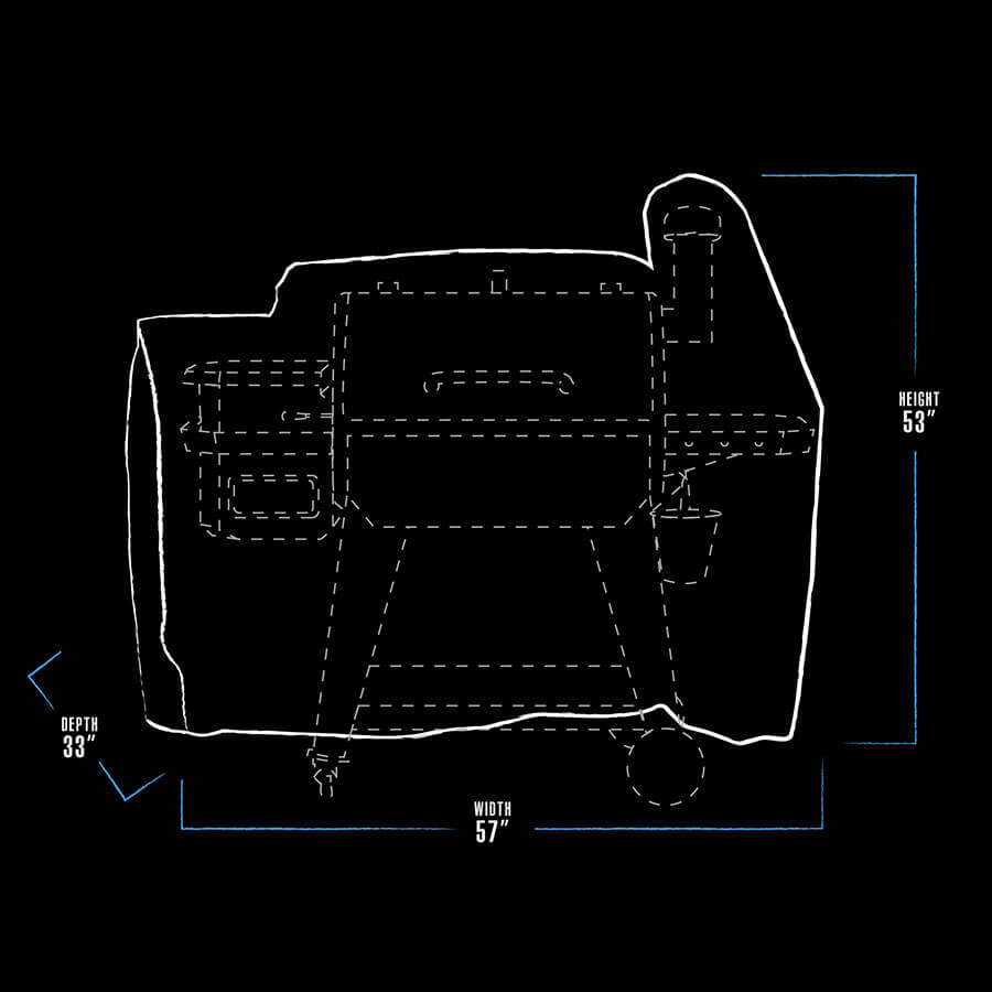 White outline of a grill with dimensions: 57" width, 33" depth, 53" height.