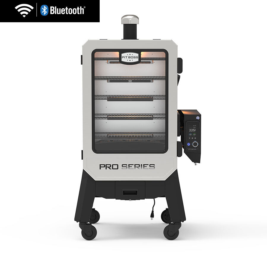 Gray Pit Boss Pro Series smoker with Bluetooth connectivity and digital control panel.