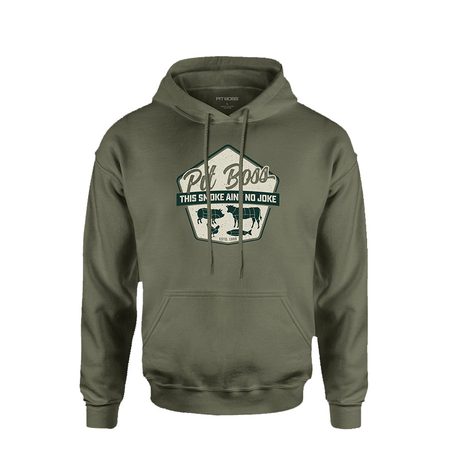 Green Pit Boss hoodie with "This Smoke Ain't No Joke" graphic.
