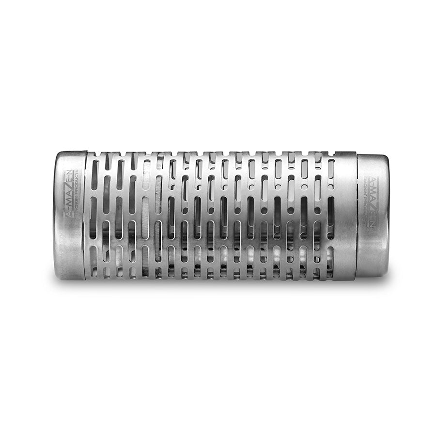 Stainless steel smoking tube with vented sides, designed for adding smoky flavor to grilled or smoked foods.
