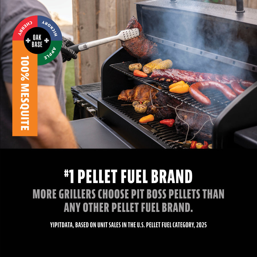 Pit Boss 100% Mesquite pellet fuel—oak base, for grilling. Shown with assorted meats and veggies on a smoker grill.