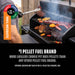 Pit Boss 100% Mesquite pellet fuel—oak base, for grilling. Shown with assorted meats and veggies on a smoker grill.