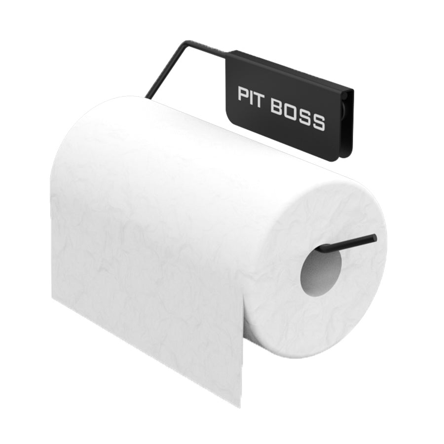 White toilet paper roll with black "PIT BOSS" holder.