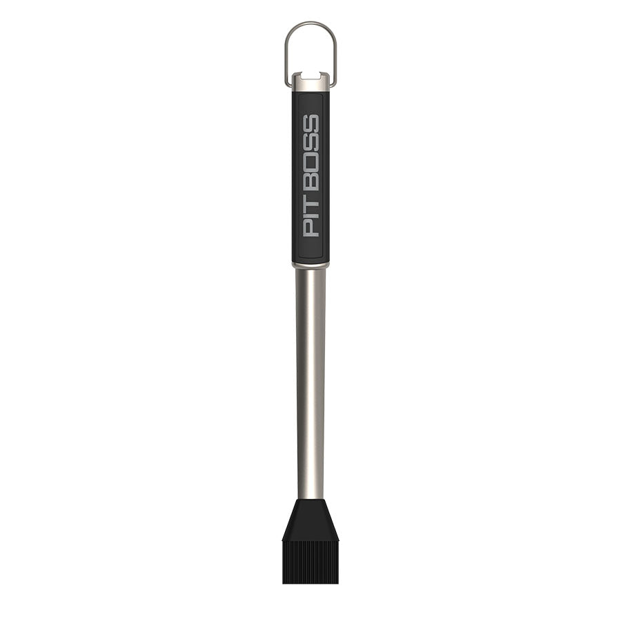 Black Pit Boss silicone basting brush with stainless steel handle and hook.