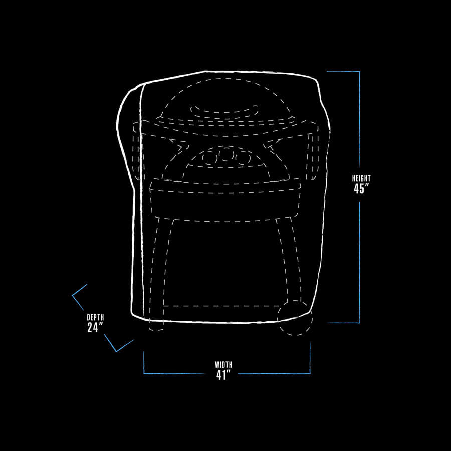 Black rectangular object with dimensions: height 45", width 41", depth 24".