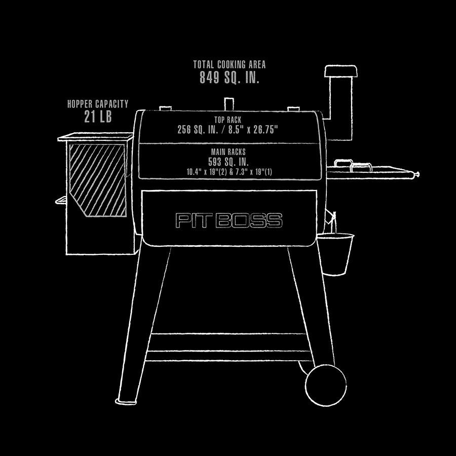 Black PitBoss pellet grill with 849 sq. in. cooking area and 21 lb. hopper capacity.