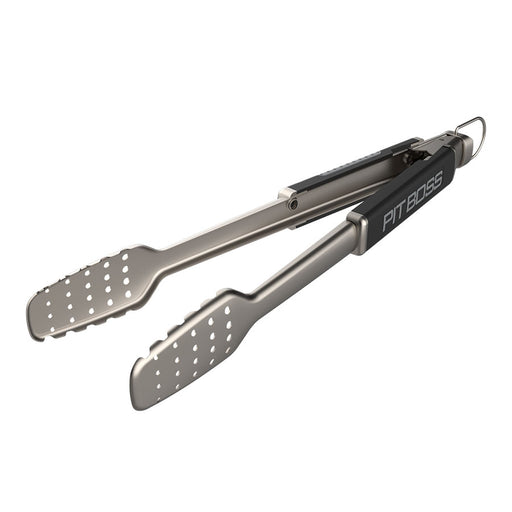 Silver Pit Boss tongs with black handle and perforated ends.