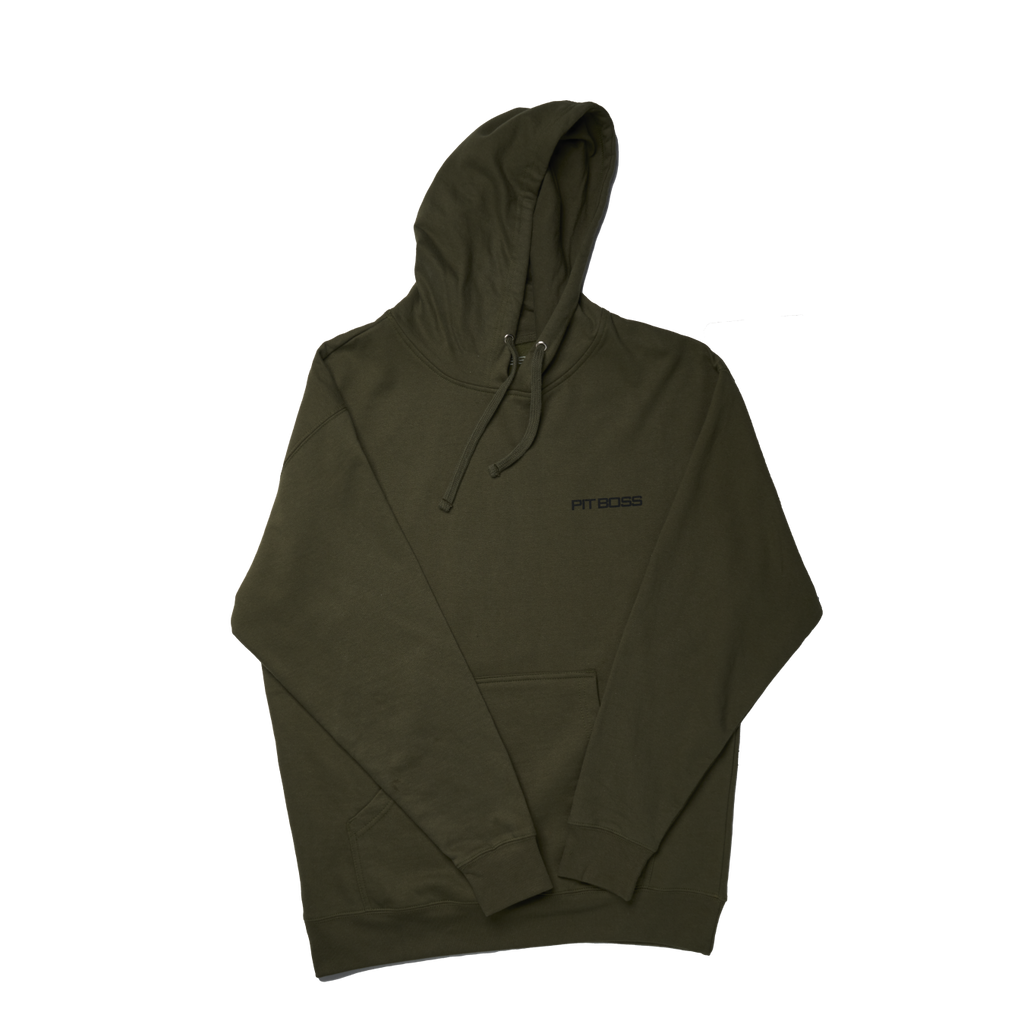 Dark green hoodie with "PITBOSS" logo on chest.