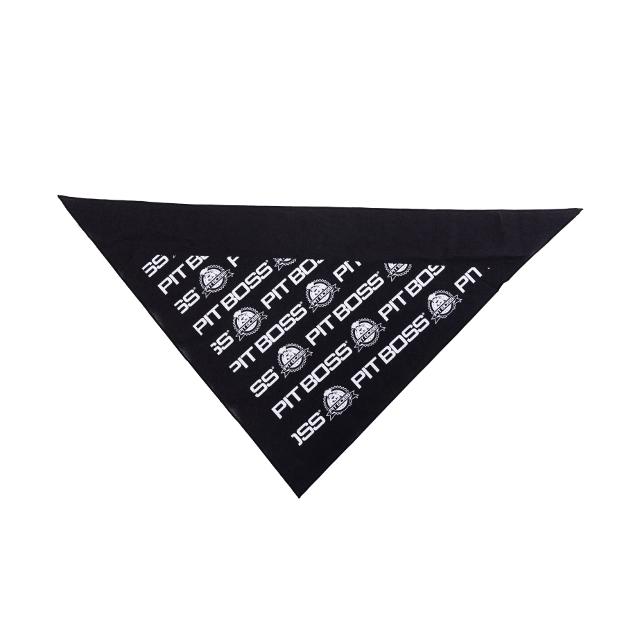 Black triangular bandana with repeated "PIT BOSS" logo and text in white.