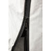 White bag with black zipper and pull tab.