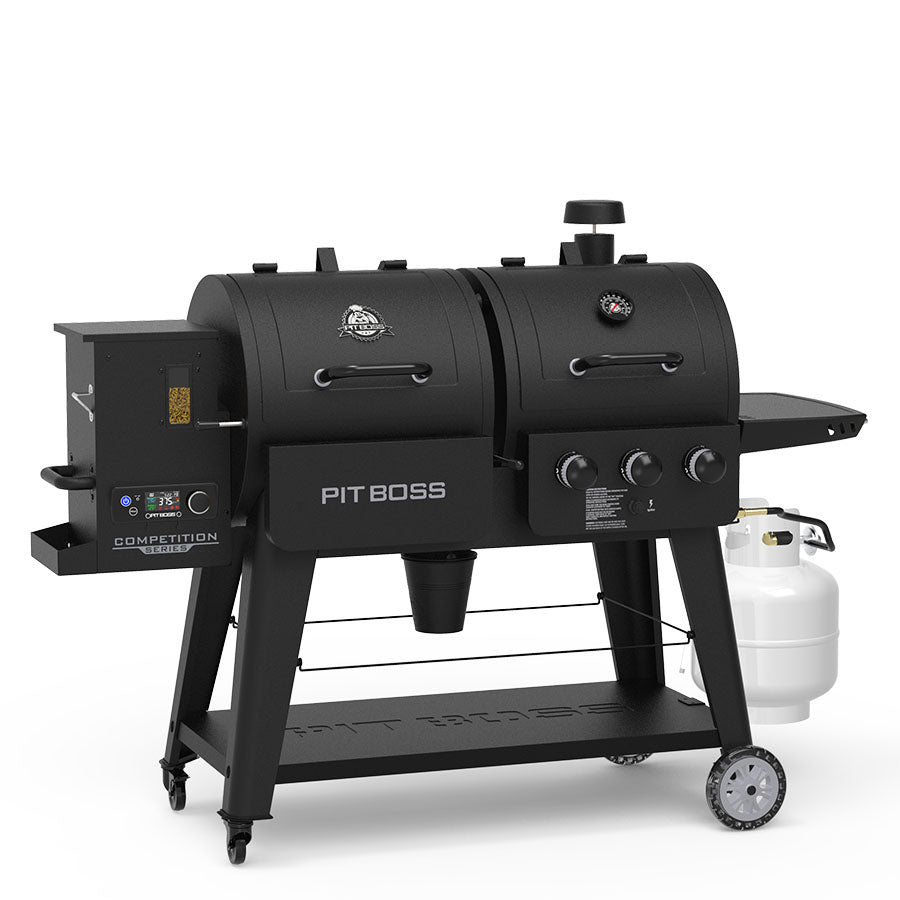 Black Pit Boss Competition Series smoker grill with propane tank.
