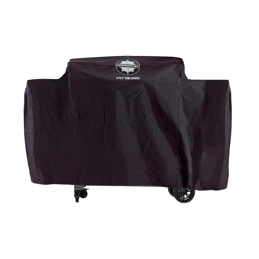 Black Pit Boss Navigator grill cover with wheels.