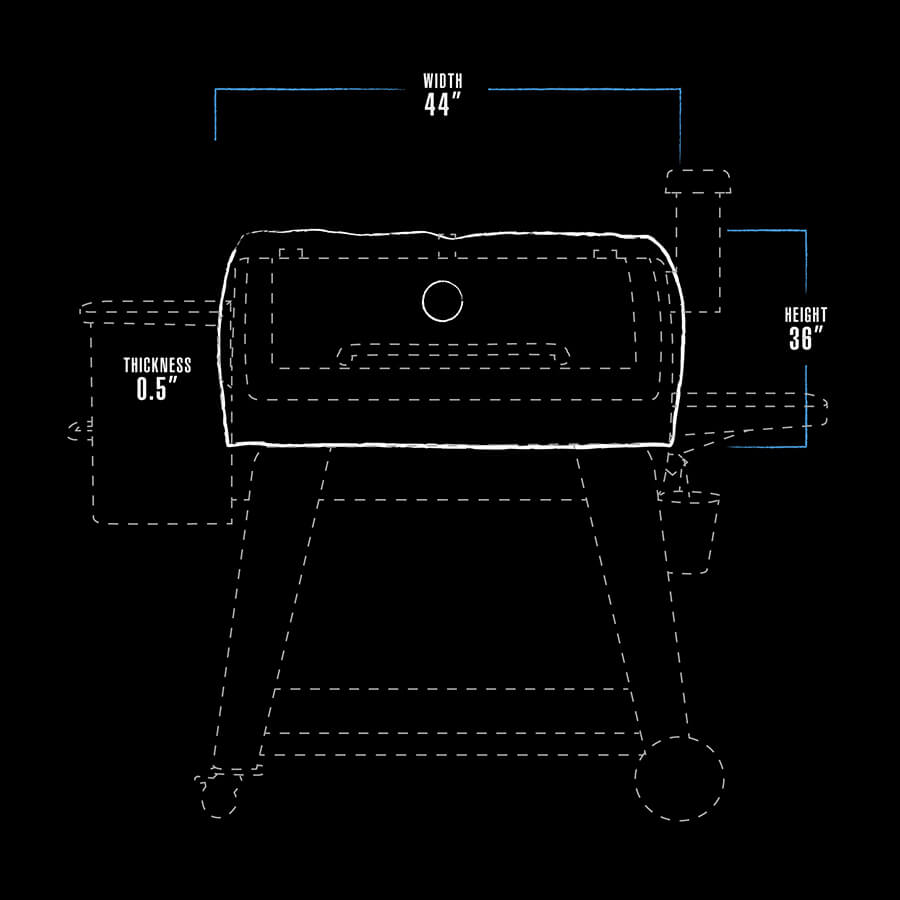 Diagram of a black and white stool with dimensions: width 44", height 36", thickness 0.5".