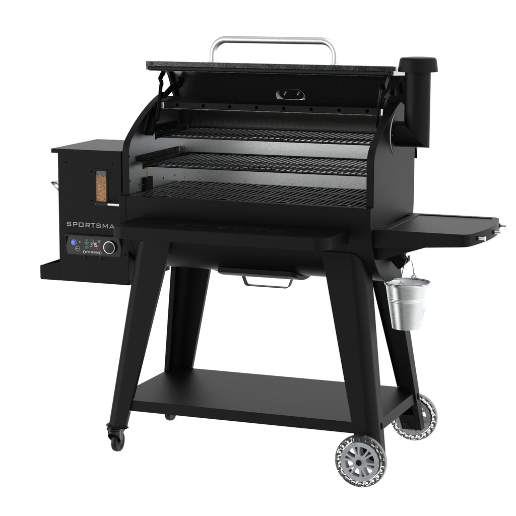 Black Sportsman pellet grill with digital control panel and side shelf.