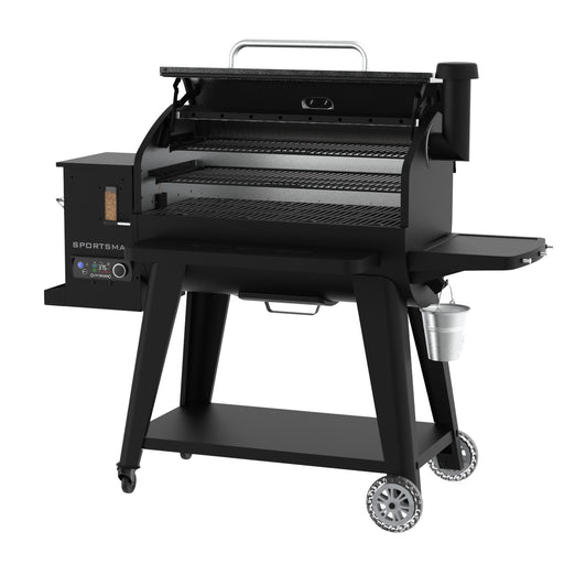 Black Sportsman pellet grill with digital control panel and side shelf.