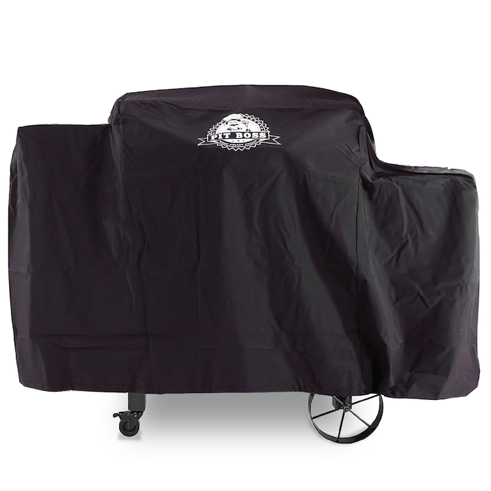 Black Pit Boss grill cover with wheels and side pocket.