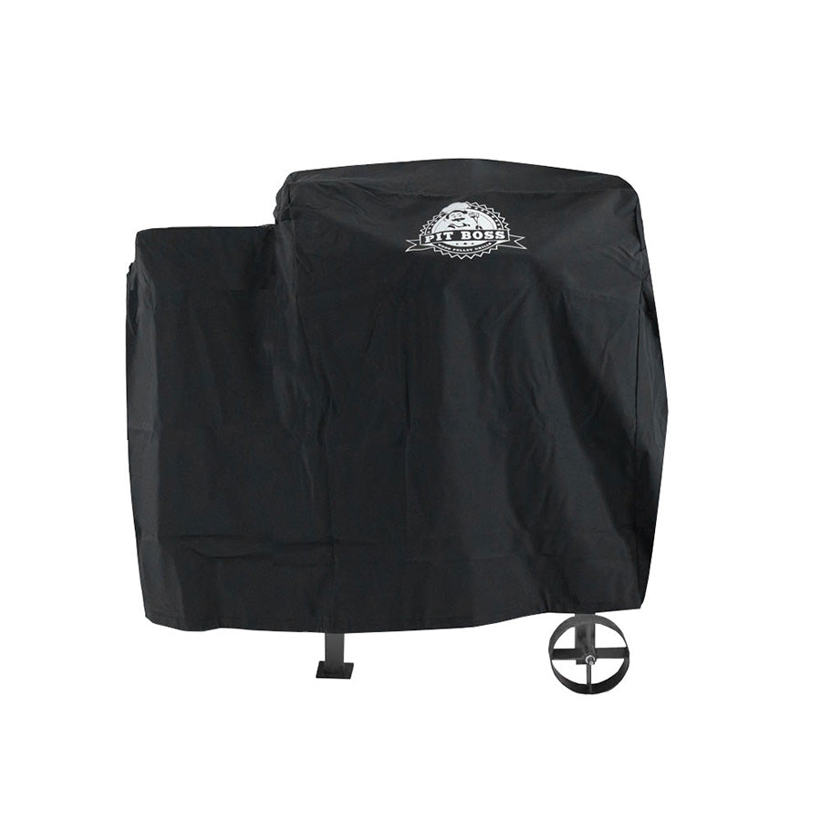 Black Pit Boss grill cover with logo and wheels.