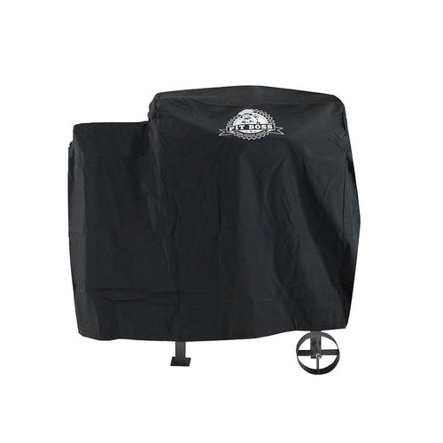 Black Pit Boss grill cover with logo and wheels.