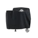 Black Pit Boss grill cover with logo and wheels.