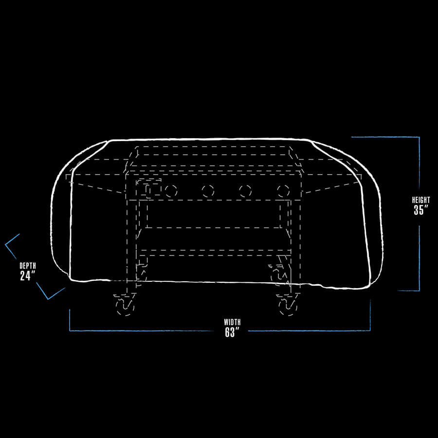 "White outline of a grill with dimensions: 63" width, 24" depth, 35" height."