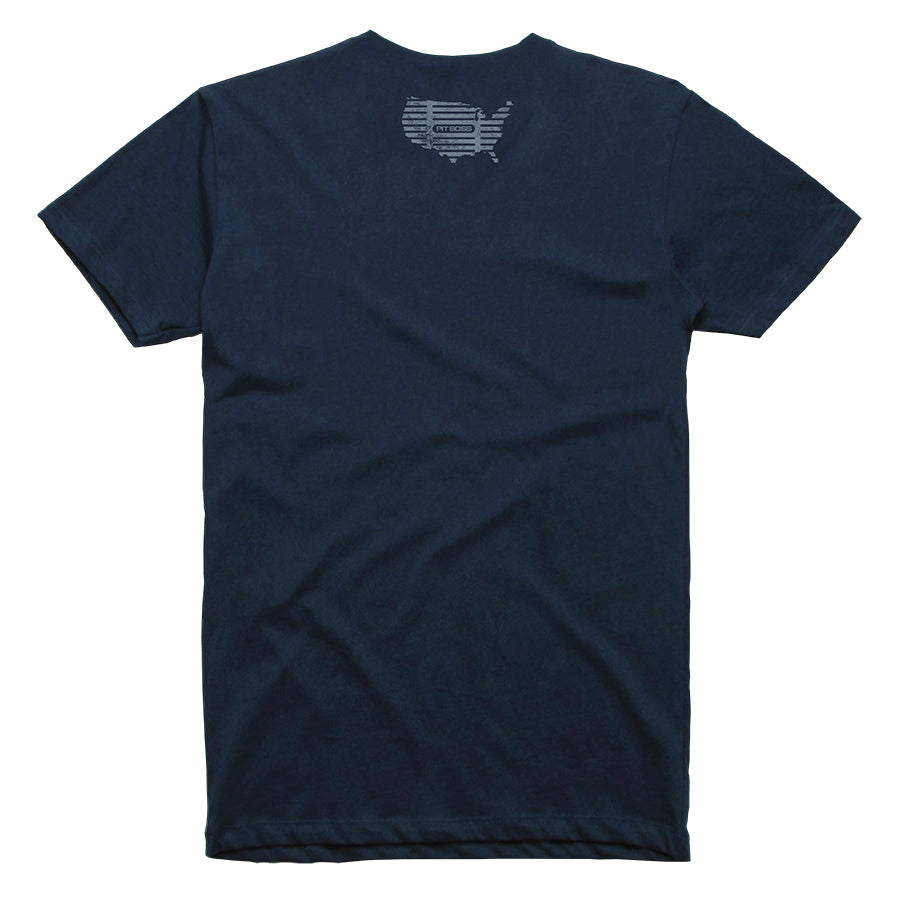 Navy blue short-sleeve t-shirt with a small graphic design on the back.