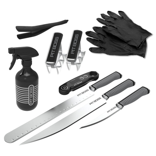 Pit Boss kitchen tools set: black spray bottle, gloves, clippers, sharpener, and three knives.