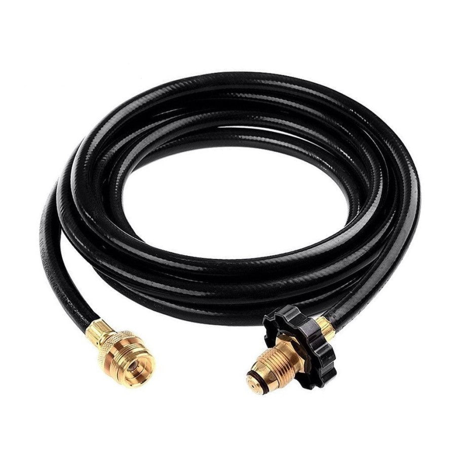 Black high-pressure hose with gold connectors and black fittings.