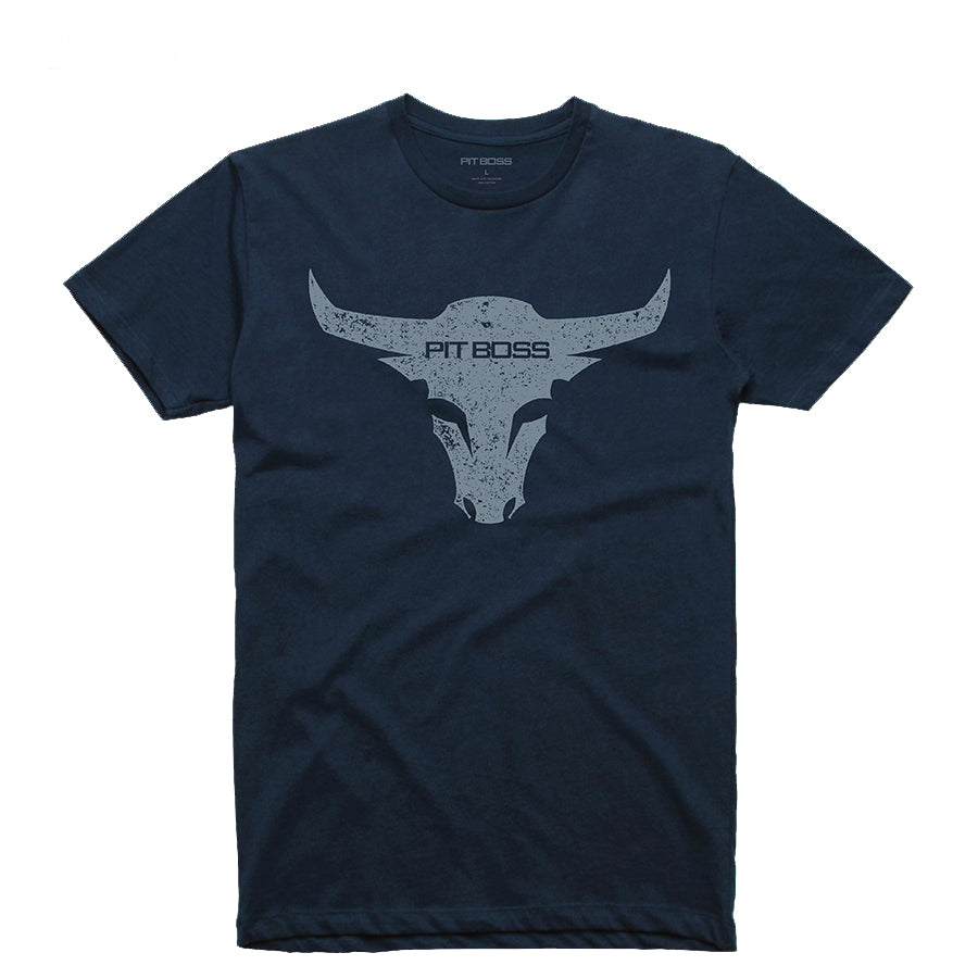 Navy Pit Boss t-shirt with distressed bull head graphic.