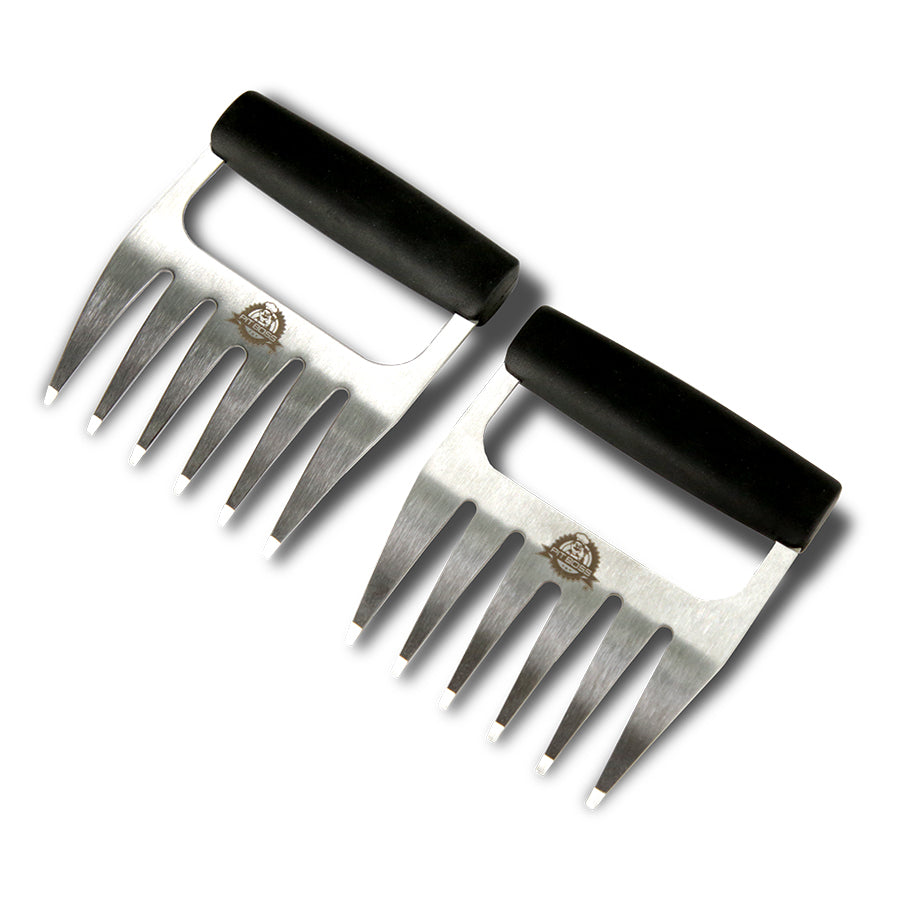"Black-handled stainless steel meat claws with logo."
