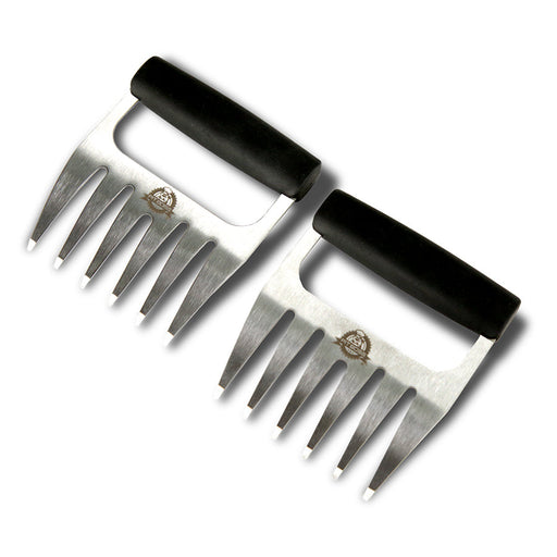 "Black-handled stainless steel meat claws with logo."