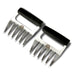 "Black-handled stainless steel meat claws with logo."