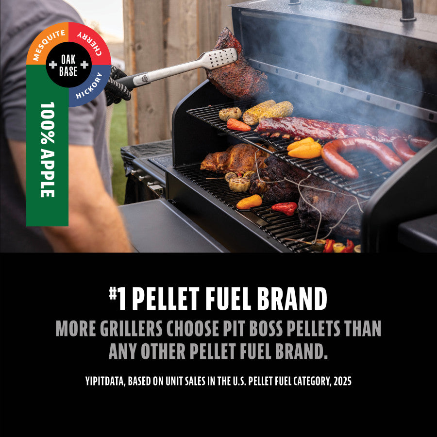 Pit Boss 100% Apple wood pellets for grilling; image shows a smoker grill with assorted meats and vegetables cooking.