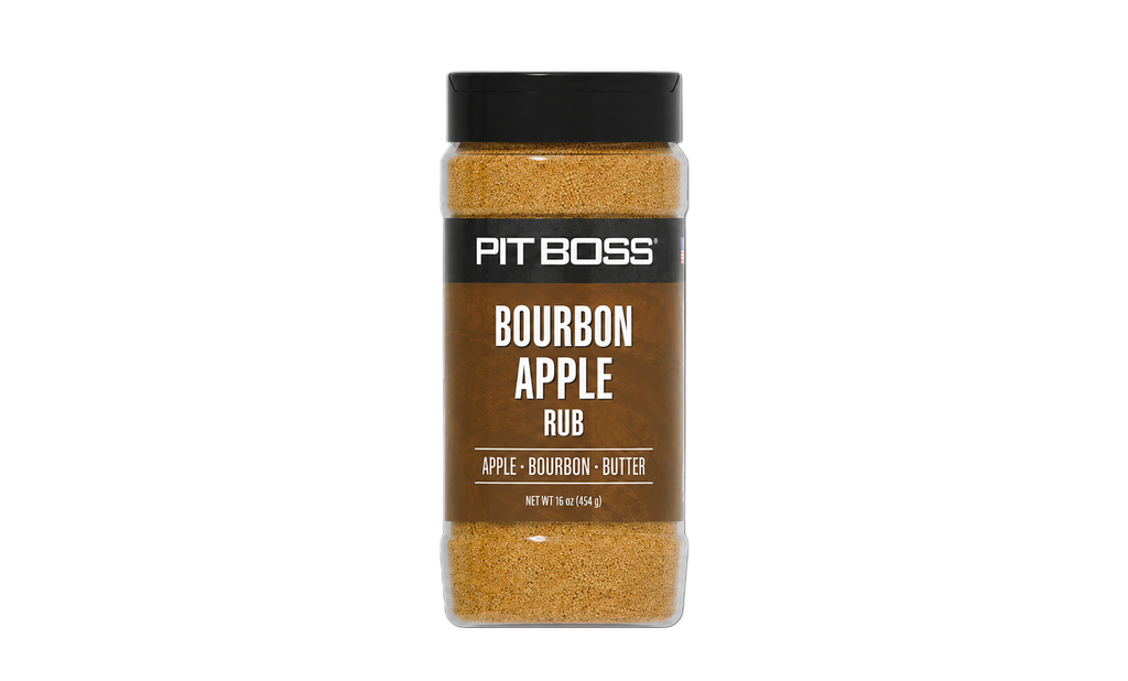 Pit Boss Bourbon Apple Rub, 16 oz bottle. Brown spice blend with black lid, labeled apple, bourbon, butter flavor.