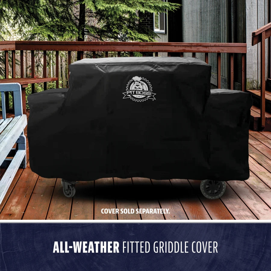 Black all-weather fitted griddle cover with Pit Boss logo, designed to protect outdoor griddles from the elements.