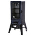 Blue electric smoker with glass door and temperature gauge.