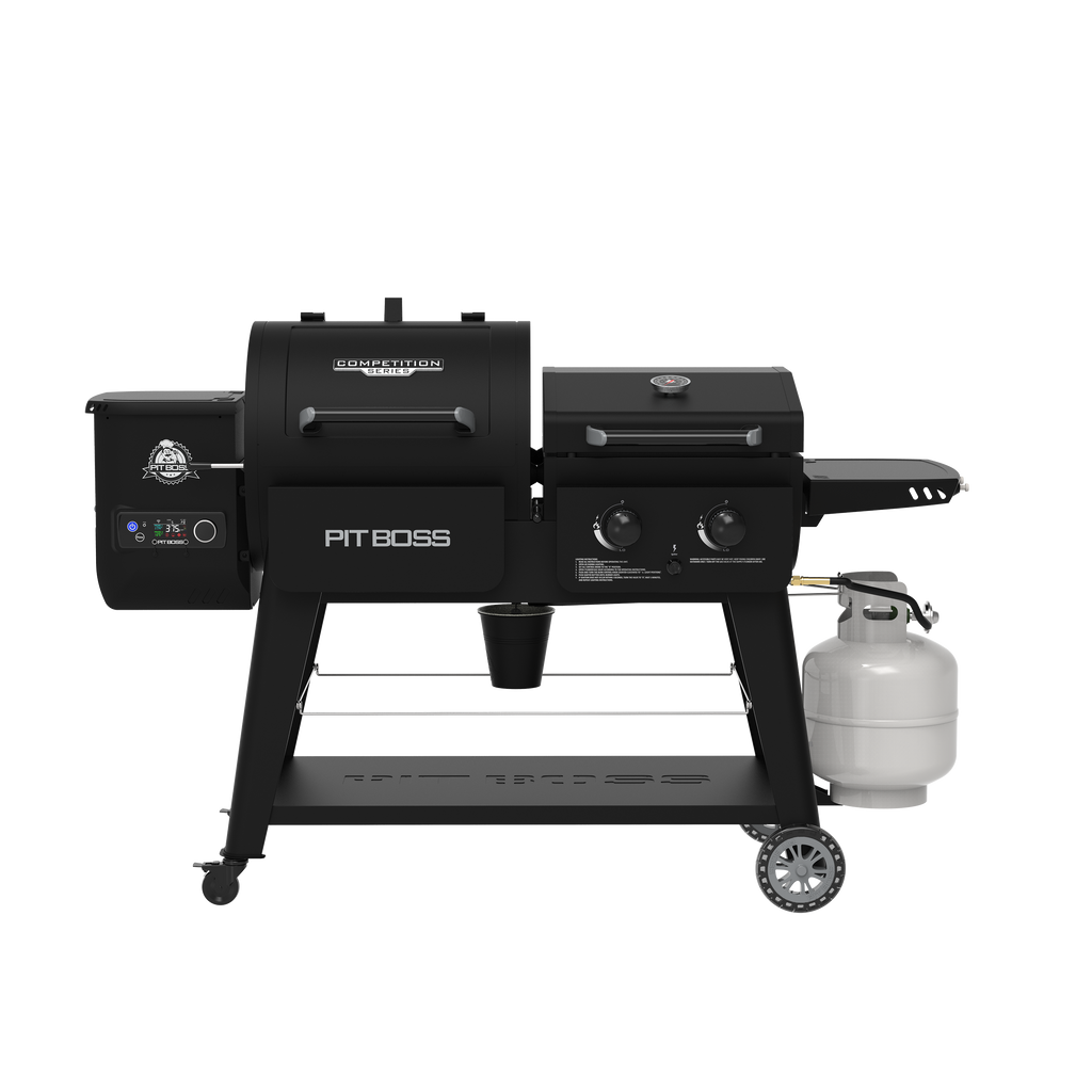 Black Pit Boss Competition Series grill with dual burners and propane tank.