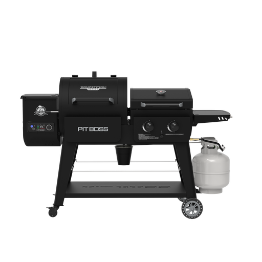 Black Pit Boss Competition Series grill with dual burners and propane tank.