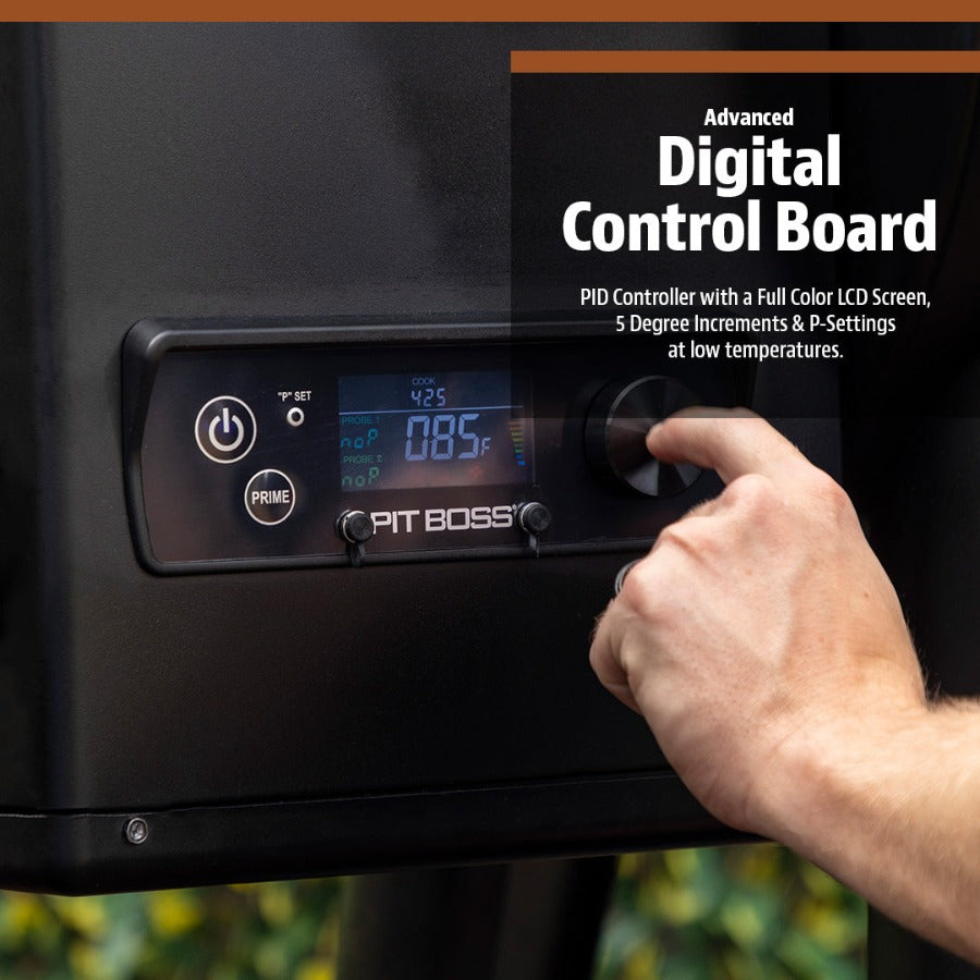 Black Pit Boss digital control board with full-color LCD screen and temperature settings.
