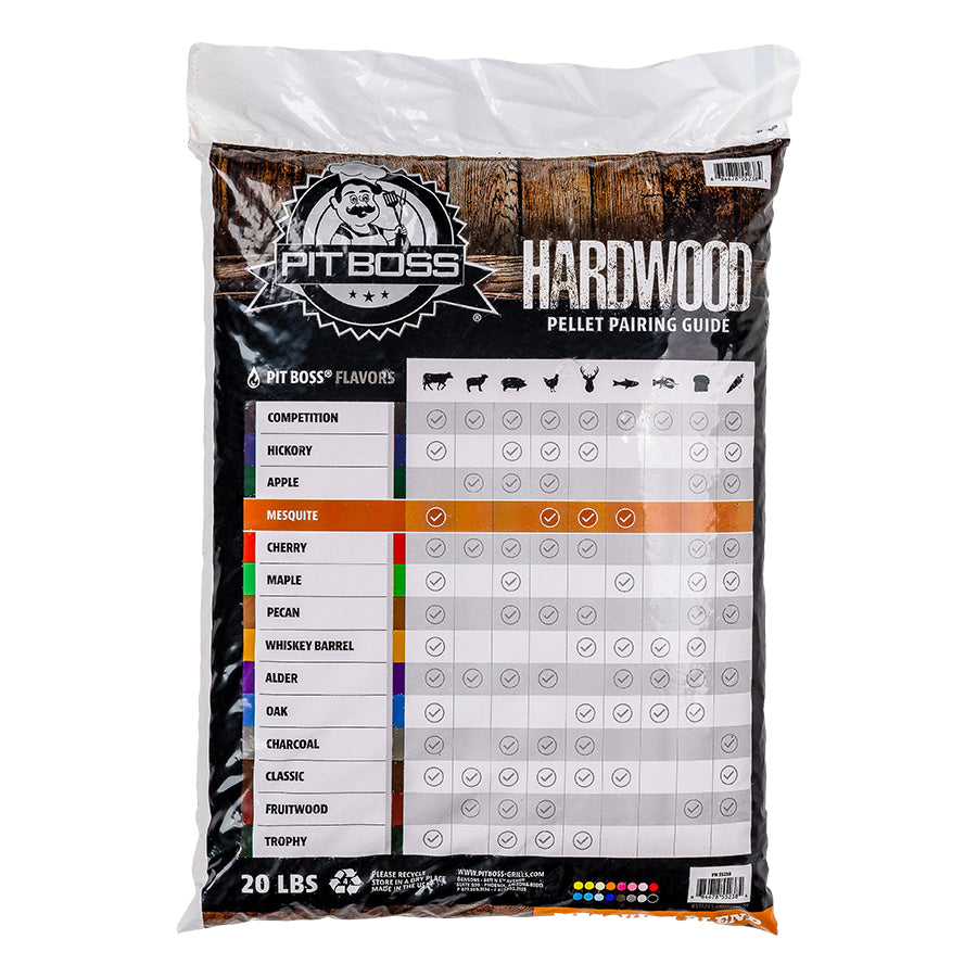 back of bag. "hardwood pellet pairing guide" chart of pellet flavors