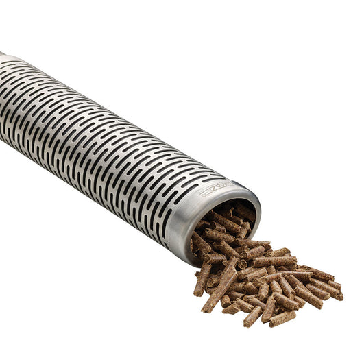Stainless steel pellet smoker tube with wood pellets spilling out, designed for adding smoke flavor to grilled foods.