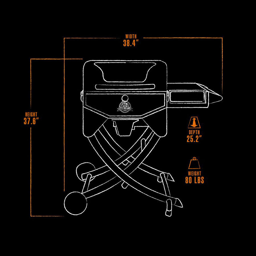Outline of a portable grill with wheels; 38.4"W x 37.6"H x 25.2"D, weighs 80 lbs. Black background, orange text.