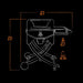 Outline of a portable grill with wheels; 38.4"W x 37.6"H x 25.2"D, weighs 80 lbs. Black background, orange text.