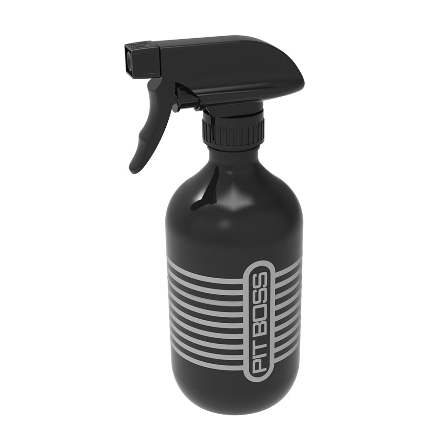 Black spray bottle with "PITBOSS" branding and silver stripes.