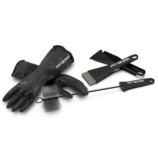 Black Pit Boss BBQ cleaning kit with gloves, brushes, and chain brush.