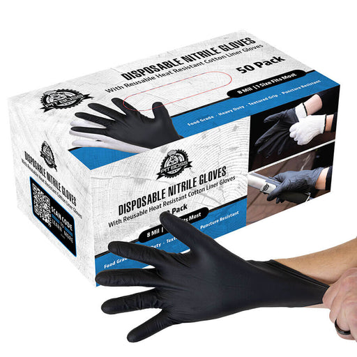 Black disposable nitrile gloves with cotton liner, 50-pack, heat resistant, food grade, heavy-duty.