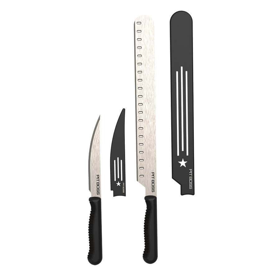 "Black-handled Pit Boss knives with white accents and star logo."