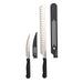 "Black-handled Pit Boss knives with white accents and star logo."