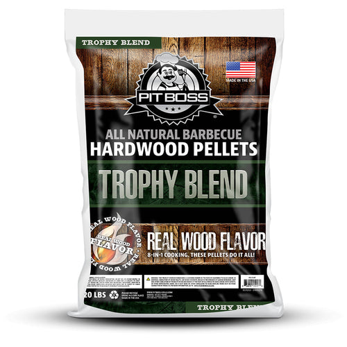White bag of Pit Boss Trophy Blend all-natural hardwood pellets, 20 lbs.